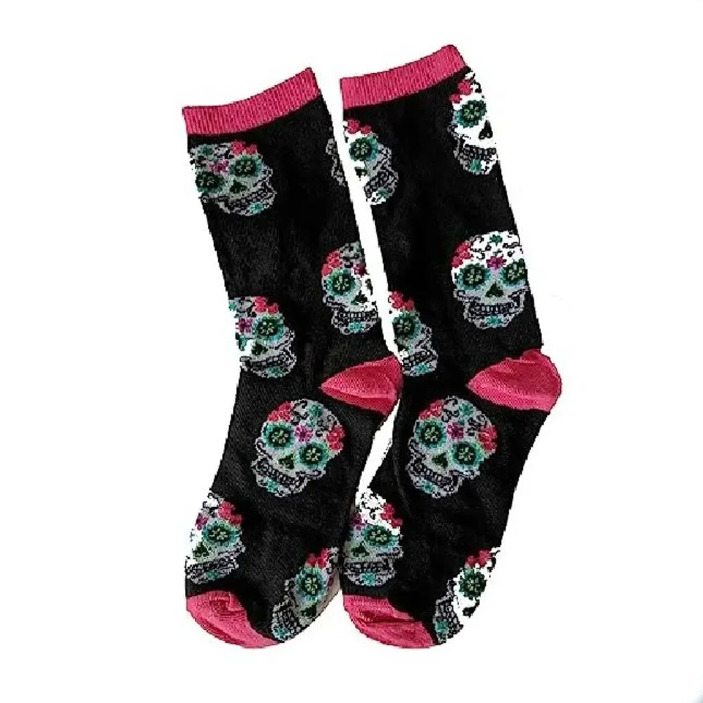 1 pair Socks Día De Los Muertos black pink size 9 - 11 Skull Halloween unisex